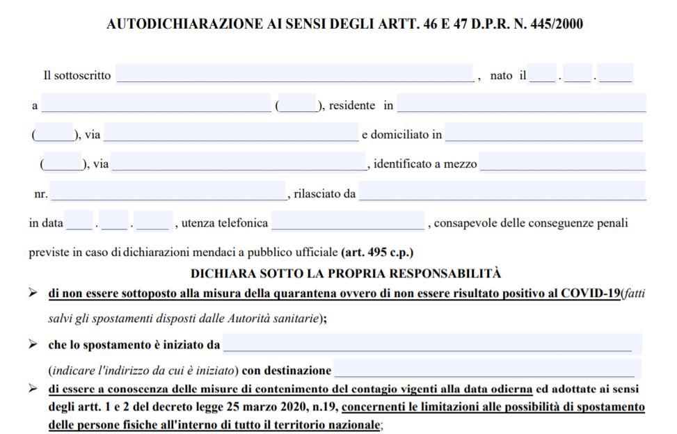 Coronavirus, pubblicata la nuova autodichiarazione per la Fase 2: potete scaricarla qui