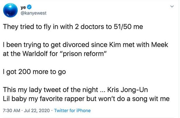 Kanye West tweeta e poi rimuove: “Ho provato a divorziare da Kim. Mia suocera è una suprematista bianca”